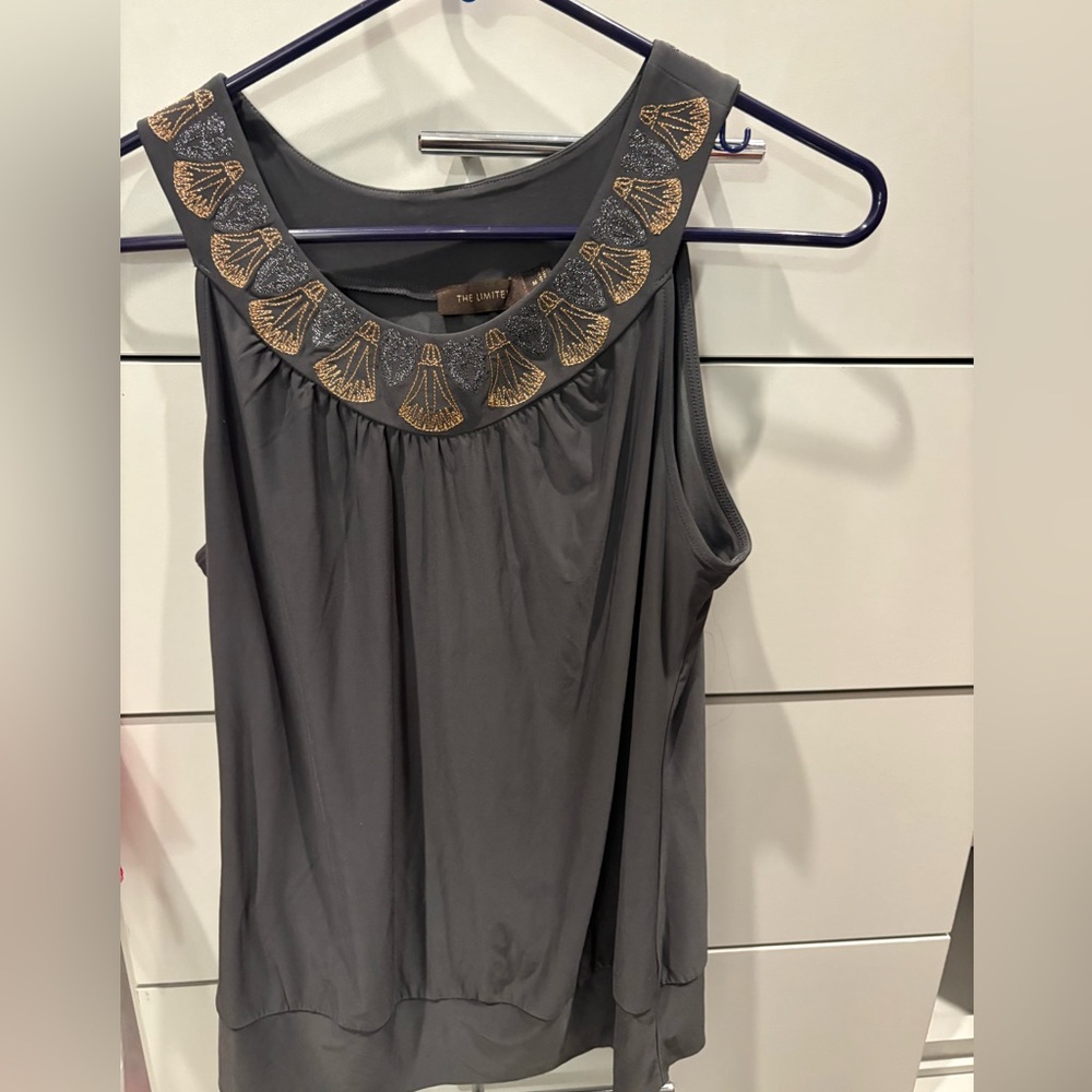 The Limited Charcoal Sleeveless Blouse with Gold Embroidery